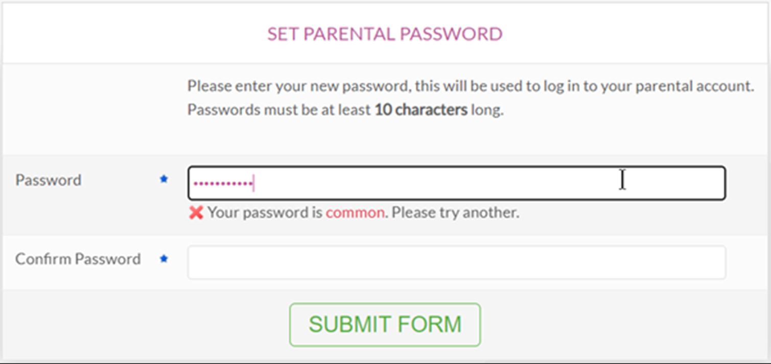 Screenshot of parental password screen 