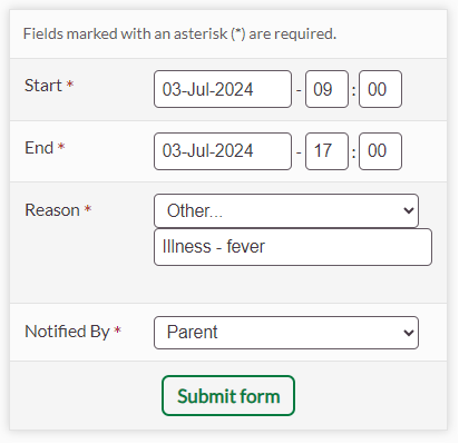 Screenshot of absence entry form 